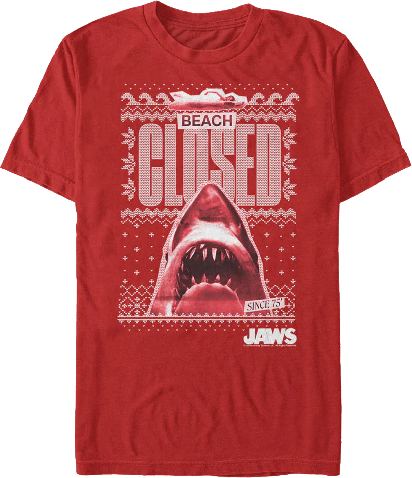 Beach Closed Faux Ugly Christmas Sweater Jaws T-Shirt