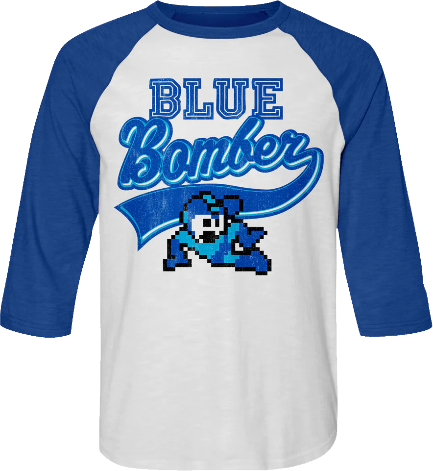 Blue Bomber Sports Logo Mega Man Raglan Baseball Shirt