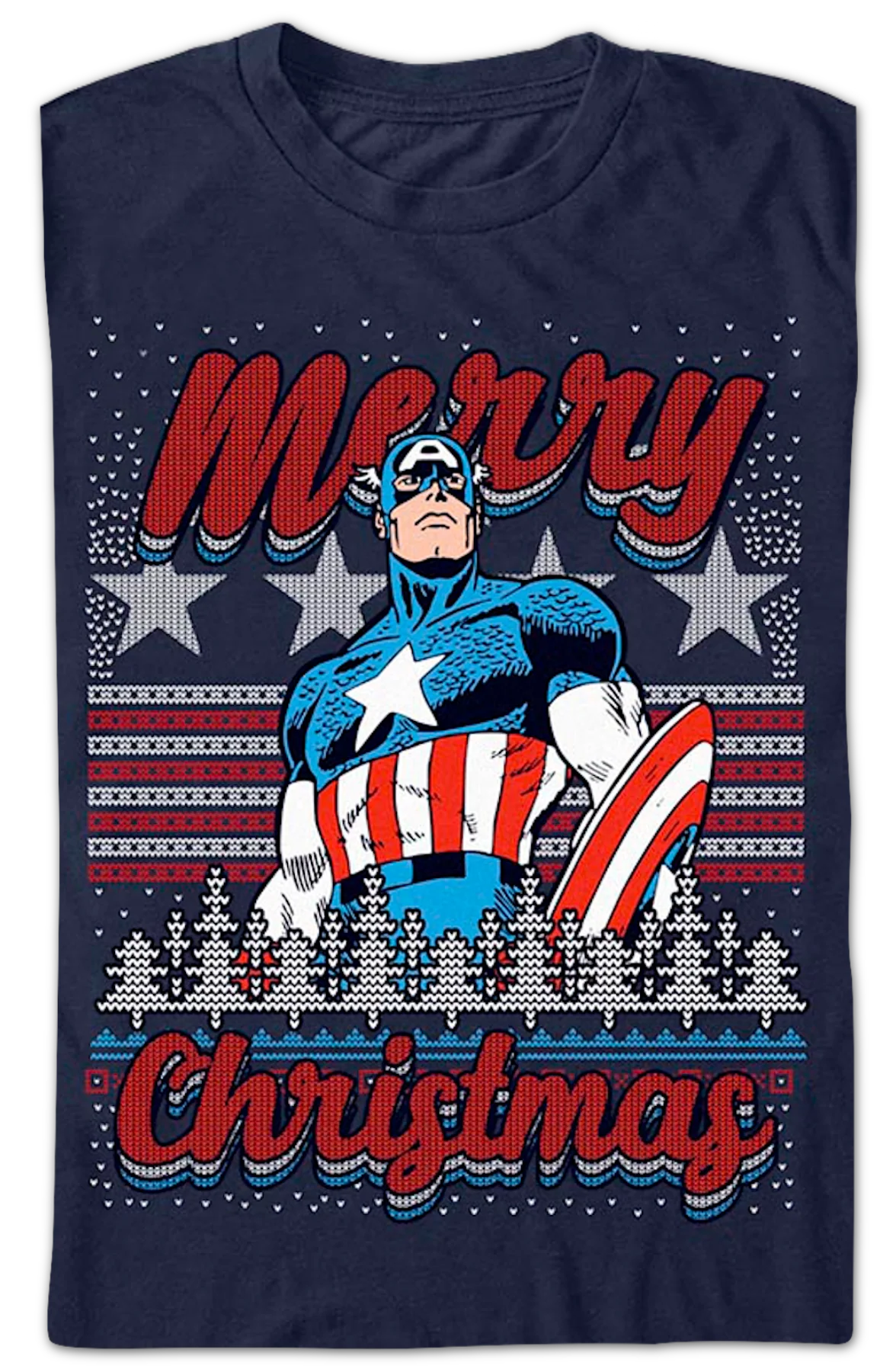 Captain America Merry Christmas Faux Ugly Sweater Marvel T-Shirt - Image 2