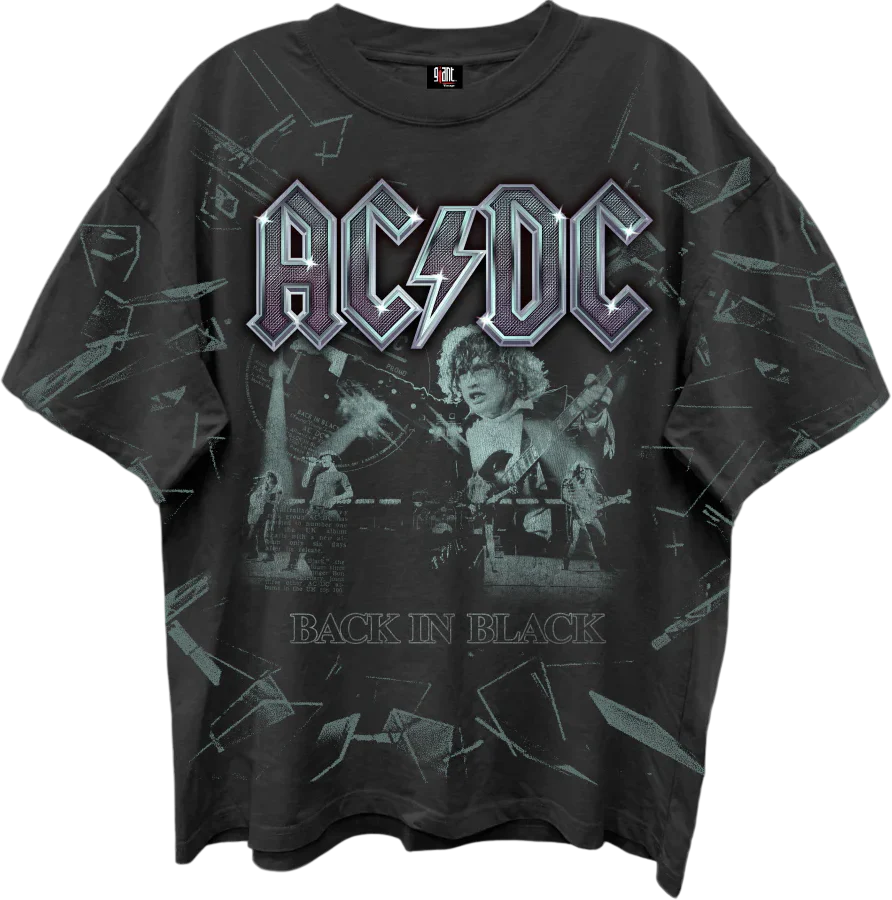 Front & Back Shattered Glass Back In Black ACDC Oversized T-Shirt