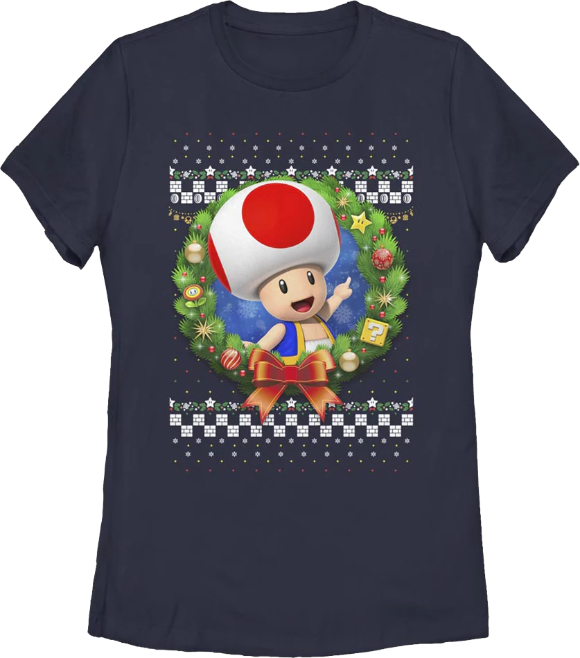 Womens Toad Christmas Wreath Super Mario Bros. Shirt